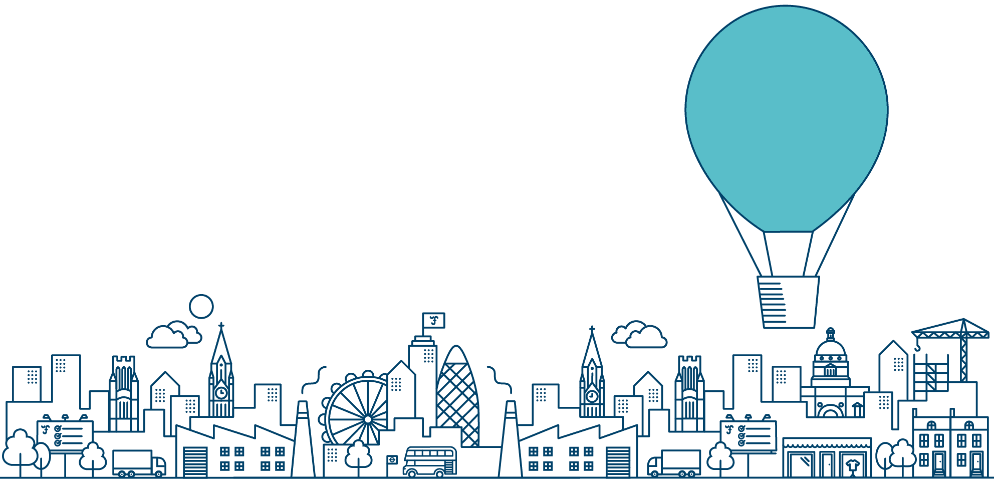 Ultimate Finance cityscape illustration with light blue hot air balloon flying